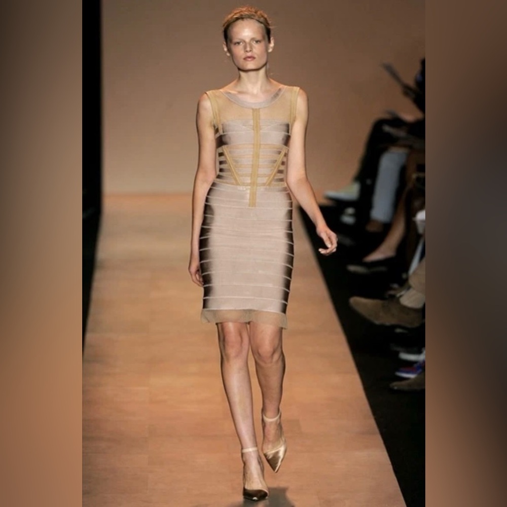 Custom-Made Nude Mesh Bandage Dress with Gold Stripes – XS